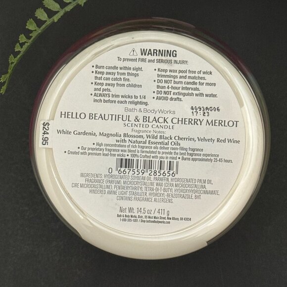 BBW Hello Beautiful + Black Cherry Merlot Bath & Body Works 3 Wick Candle - Picture 10 of 10